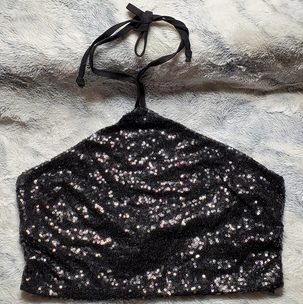 Black sequin halter crop top